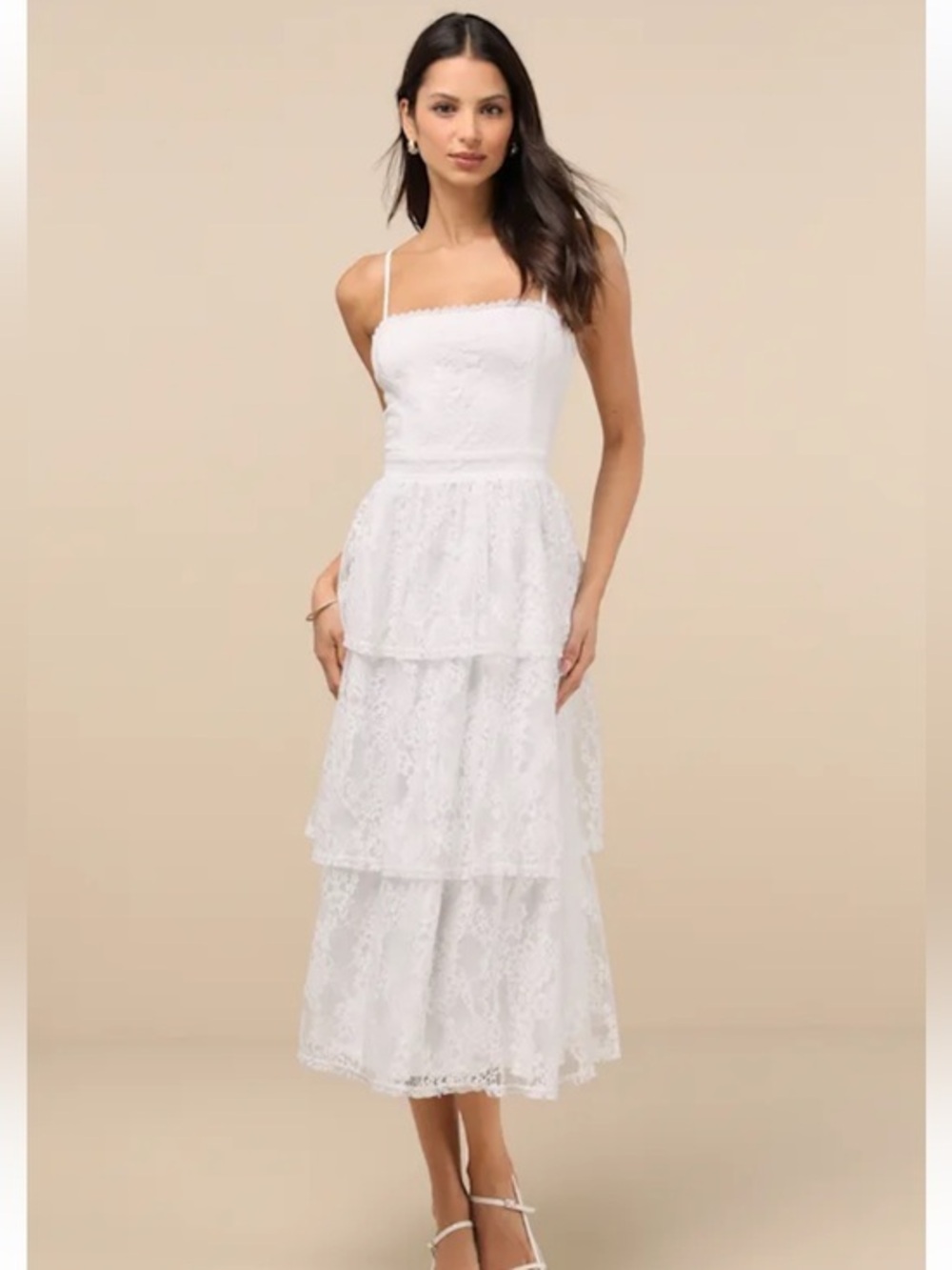 Lulus Estrid White Lace Tiered Midi Dress